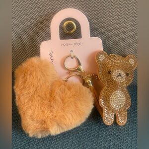 Cute Teddy Bear and Fuzzy Heart Bag Charm Set